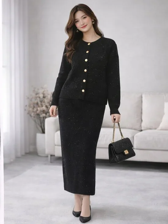 NWT Black Knit Set Gold Button Sparkle Elegant Outfit M - Picture 3 of 8